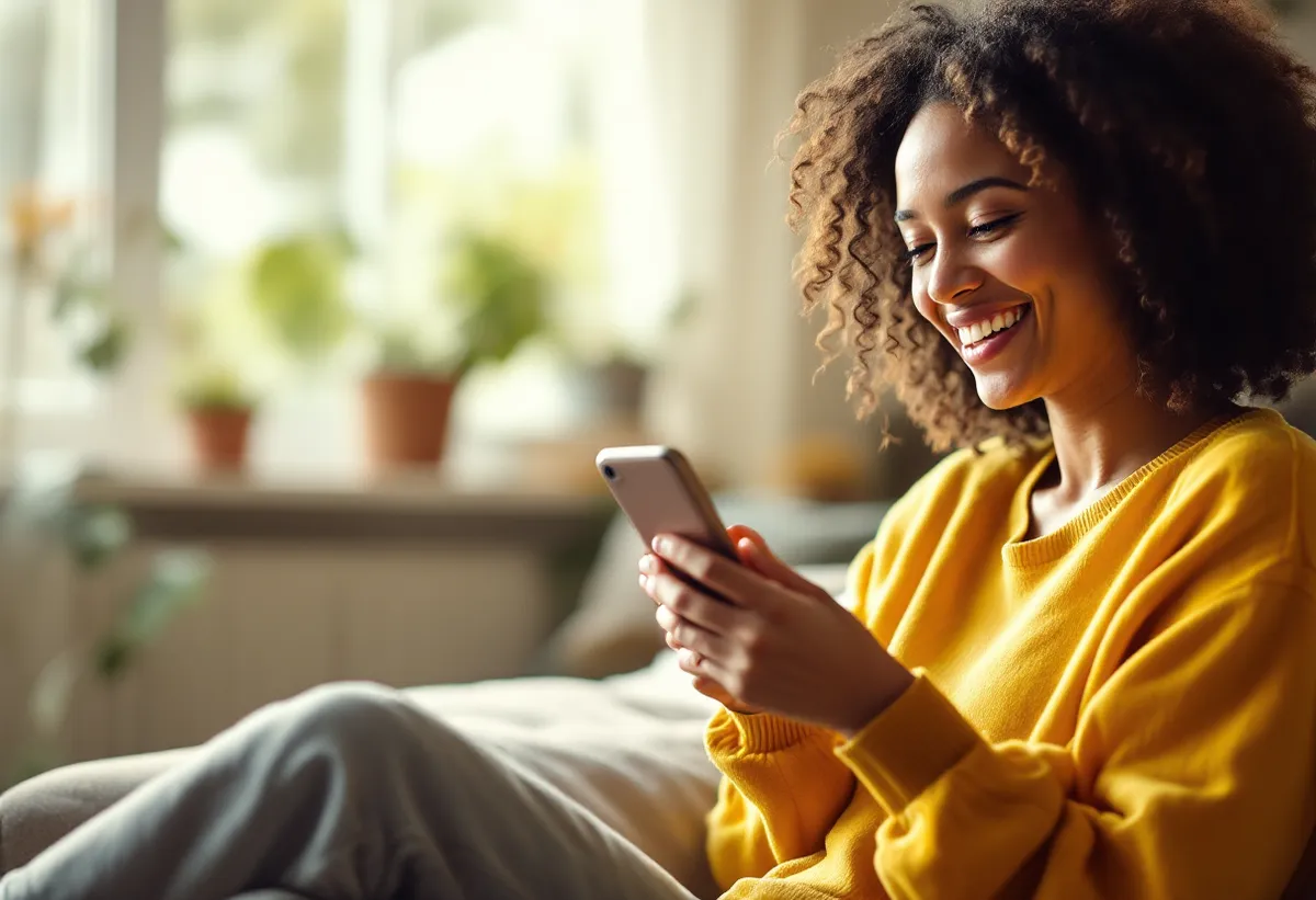 Cliente feliz usando a internet fibra da ViaVeloz no celular em casa
