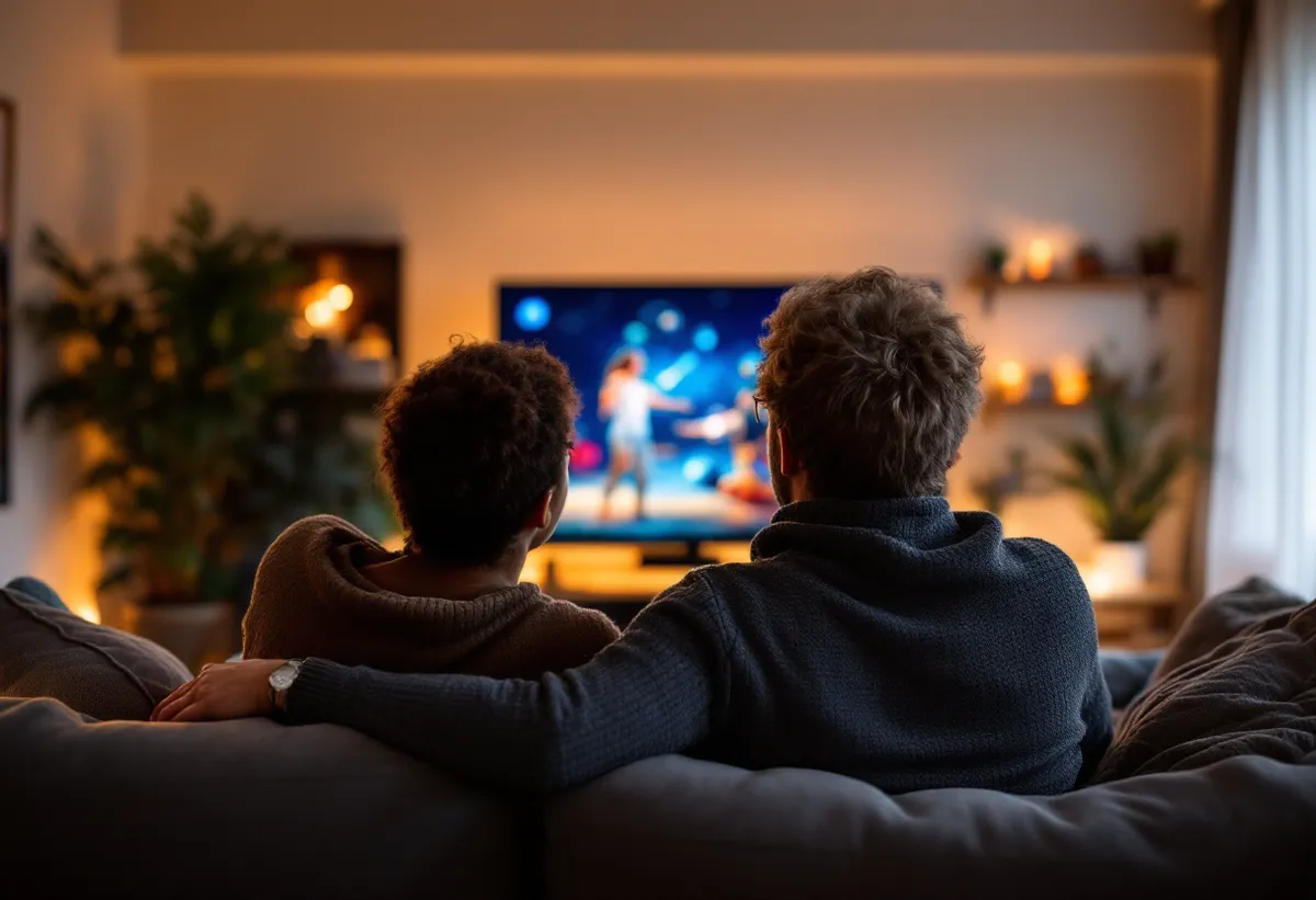 Casal assistindo a um filme na smart TV com a internet fibra da ViaVeloz