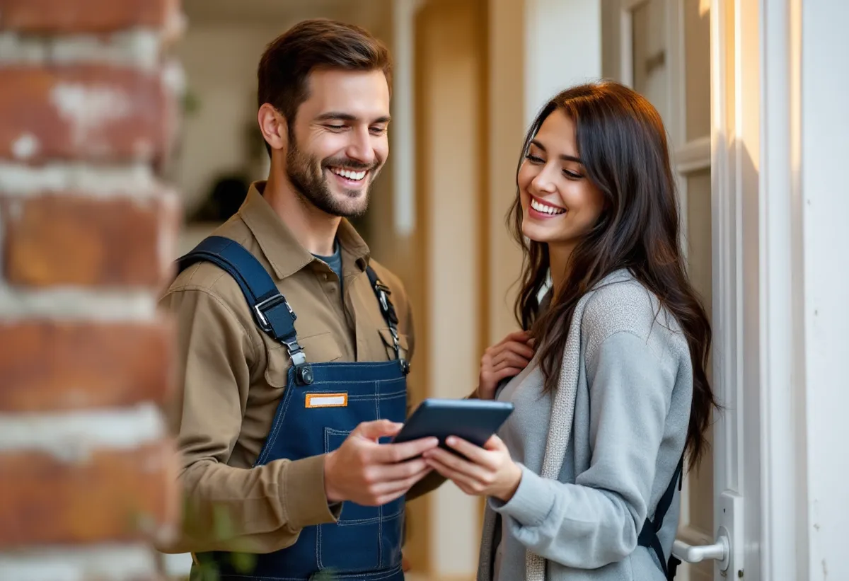 Técnico da ViaVeloz e cliente satisfeita após a instalação da internet fibra