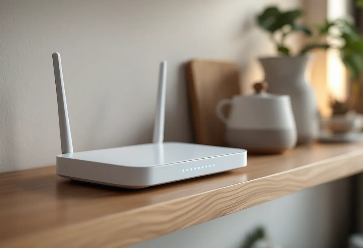 Roteador Wi-Fi da internet fibra ViaVeloz sobre uma prateleira em uma sala de estar