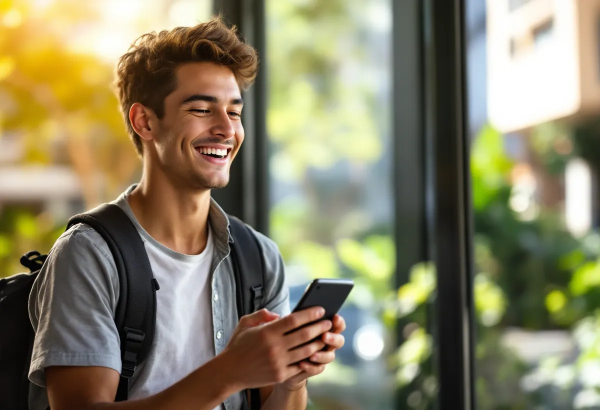 Estudante sorrindo usando o celular com a carteirinha de estudante digital LeveEduca